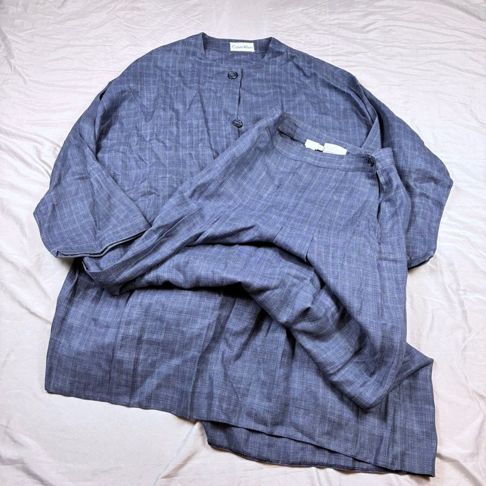 Calvin Klein Skirt Suit Cotton Blend Womens 12 Blue Vintage Plaid Lagenlook 90s